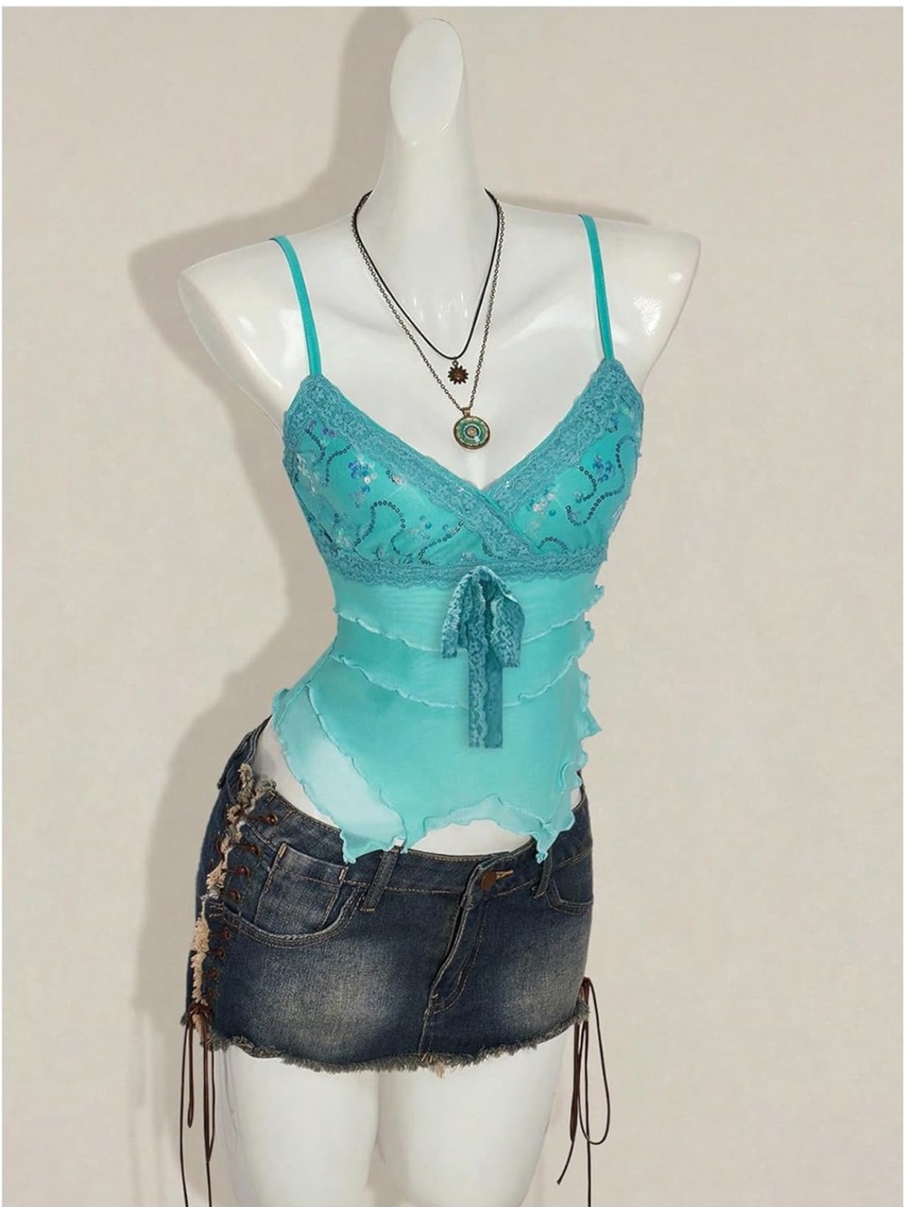 Lace-Trim Aqua Camisole with Front Tie